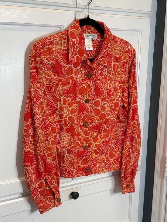 Coldwater Creek Red Floral Paisley Cotton Button-Up Jacket Size XS - Picture 2 of 5